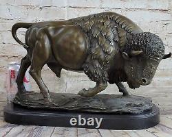 Signée Fonte Bronze Marbre Statue Américain Buffalo Bison Animal Sculpture