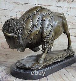 Signée Fonte Bronze Marbre Statue Américain Buffalo Bison Animal Sculpture