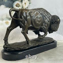 Signée Fonte Bronze Marbre Statue Américain Buffalo Bison Animal Sculpture De