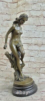 Signée Français Dalou Foire Maiden Bronze Sculpture Art Déco Marbre Base Ouvre