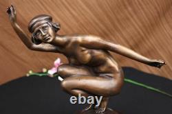 Signée Gory Superbe Nudiste Bronze Marbre Base Statue Sculpture Figurine