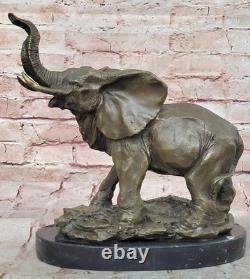 Signée Large Africain Éléphant Safari Bronze Sculpture Marbre Statue Par Art