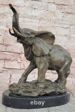Signée Large Africain Éléphant Safari Bronze Sculpture Marbre Statue Par Art