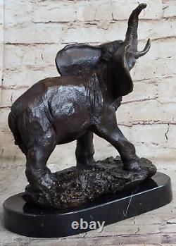 Signée Large Africain Éléphant Safari Bronze Sculpture Marbre Statue Par Art