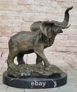 Signée Large Africain Éléphant Safari Bronze Sculpture Marbre Statue Par Art