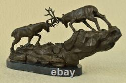 Signée Large Barye Deux Antler Renne Cerfs Bronze Sculpture Figurine Marbre Base