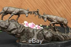 Signée Large Barye Deux Antler Renne Cerfs Bronze Sculpture Figurine Marbre Base