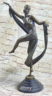 Signée Large Beauté Ruban Danseuse Bronze Sculpture Marbre Base Statue Art