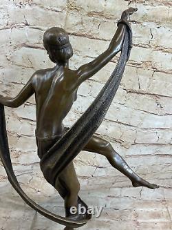 Signée Large Beauté Ruban Danseuse Bronze Sculpture Marbre Base Statue Art