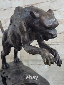 Signée Large Bugatti Mountain Lion Bronze Sculpture Marbre Base Affaire Nr