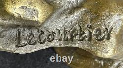 Signée Lecourtier Loup Avec Bronze Sculpture Statue Marbre Base Figurine Cadeau