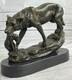Signée Lecourtier Loup Avec Cub Bronze Sculpture Statue Marbre Figurine Base