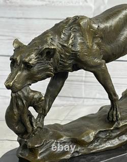 Signée Lecourtier Loup Avec Cub Bronze Sculpture Statue Marbre Figurine Base