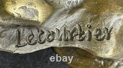 Signée Lecourtier Loup Avec Cub Bronze Sculpture Statue Marbre Figurine Base