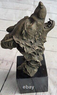 Signée Lopez Sauvage Loup Bronze Marbre Buste Sculpture Statue Figurine Art Déco