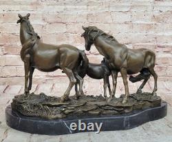 Signée Mene 3 Debout Chevaux Marbre Base Art Bronze Figurine Sculpture Affaire