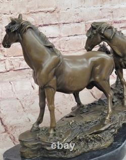Signée Mene 3 Debout Chevaux Marbre Base Art Bronze Figurine Sculpture Affaire