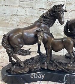 Signée Mene 3 Debout Chevaux Marbre Base Art Figurine Bronze Sculpture Statue
