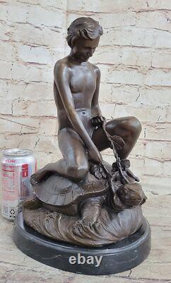 Signée Mercie Chair Garçon Equitation Tortue Bronze Sculpture Marbre Base Décor