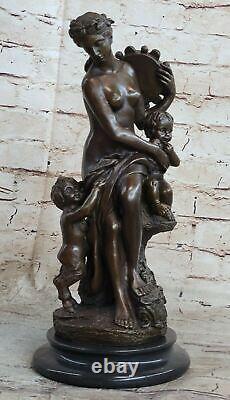 Signée Mère Bébé Romantique Bronze Marbre Fille Angelot Satyre Cupidon Nu Figure