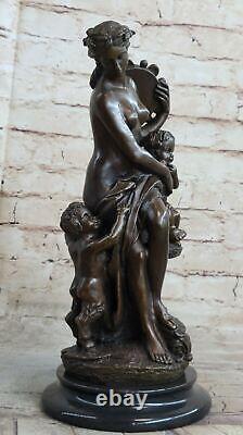 Signée Mère Bébé Romantique Bronze Marbre Fille Angelot Satyre Cupidon Nu Figure