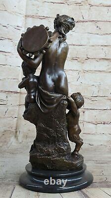 Signée Mère Bébé Romantique Bronze Marbre Fille Angelot Satyre Cupidon Nu Figure