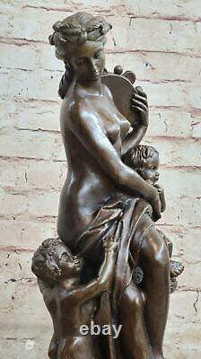 Signée Mère Bébé Romantique Bronze Marbre Fille Angelot Satyre Cupidon Nu Figure