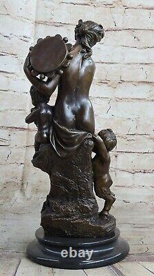 Signée Mère Bébé Romantique Bronze Marbre Fille Angelot Satyre Cupidon Nu Statue