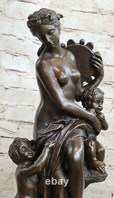 Signée Mère Bébé Romantique Bronze Marbre Fille Angelot Satyre Cupidon Nu Statue