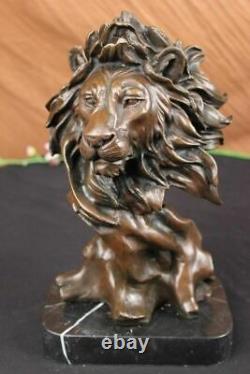 Signée Milo Africain Mâle Lion Buste Bronze Marbre Sculpture Statue Décor Ouvre