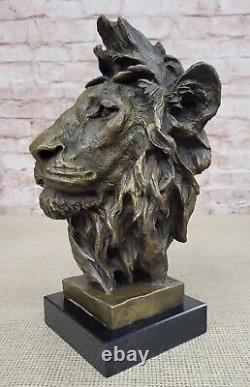 Signée Milo Africain Mâle Lion Buste Bronze Marbre Sculpture Statue Décor Ouvre