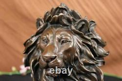 Signée Milo Africain Mâle Lion Buste Bronze Marbre Sculpture Statue Décor Ouvre