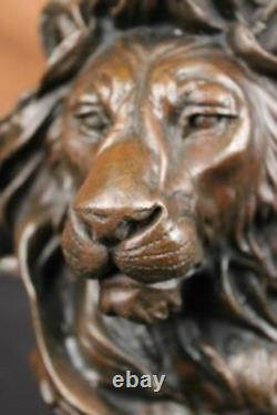 Signée Milo Africain Mâle Lion Buste Bronze Marbre Sculpture Statue Décor Ouvre