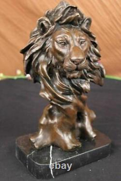Signée Milo Africain Mâle Lion Buste Bronze Marbre Sculpture Statue Décor Ouvre