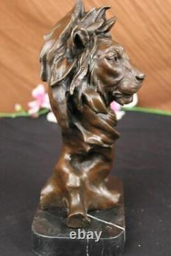 Signée Milo Africain Mâle Lion Buste Bronze Marbre Sculpture Statue Décor Ouvre