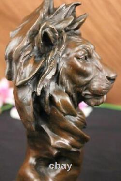 Signée Milo Africain Mâle Lion Buste Bronze Marbre Sculpture Statue Décor Ouvre