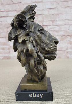 Signée Milo Africain Mâle Lion Buste Bronze Marbre Sculpture Statue Décor Ouvre