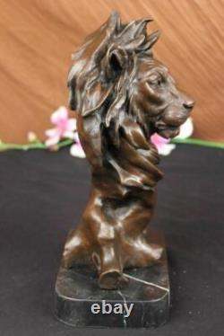 Signée Milo Africain Mâle Lion Buste Bronze Marbre Sculpture Statue Décor Ouvre