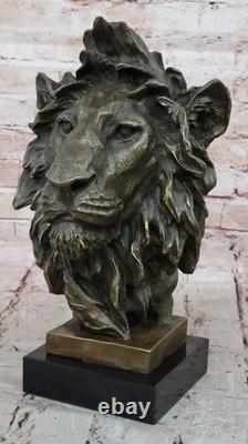 Signée Milo Africain Mâle Lion Buste Bronze Marbre Sculpture Statue Figurine