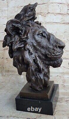 Signée Milo Africain Mâle Lion Buste Bronze Marbre Sculpture Statue Figurine