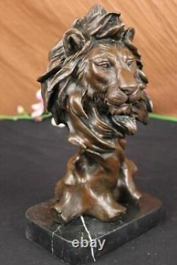 Signée Milo Africain Mâle Lion Buste Bronze Marbre Sculpture Statue Figurine