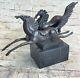 Signée Milo Deux Course Chevaux Marbre Base Art Figurine Bronze Sculpture Statue