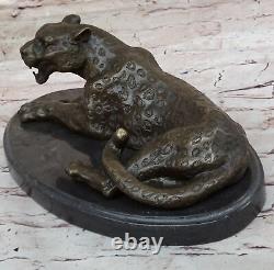 Signée Milo Jaguar Faune Animal Sur Marbre Base Main Fabriqué Bronze Statue