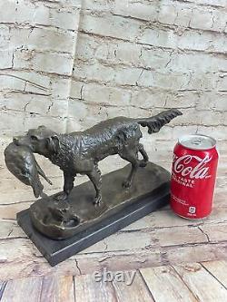 Signée Moigniez Chasse Chien Avec Quail Bronze Sculpture Sur Marbre Base Art