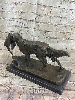 Signée Moigniez Chasse Chien Avec Quail Bronze Sculpture Sur Marbre Base Art