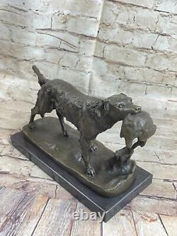 Signée Moigniez Chasse Chien Avec Quail Bronze Sculpture Sur Marbre Base Art