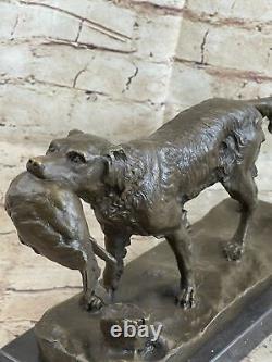 Signée Moigniez Chasse Chien Avec Quail Bronze Sculpture Sur Marbre Base Art