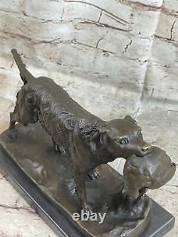 Signée Moigniez Chasse Chien Avec / Quail Bronze Sculpture Sur Marbre Base Nr