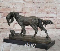 Signée Moigniez Chasse Chien W / Quail Bronze Sculpture Sur Marbre Socle