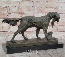 Signée Moigniez Chasse Chien W / Quail Bronze Sculpture Sur Marbre Socle